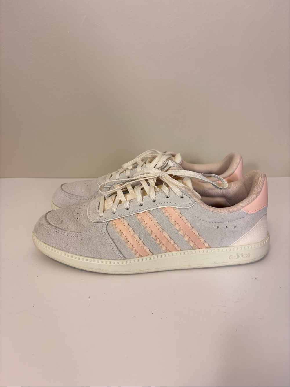 Adidas Grey Suede Sneakers with Pale Pink Ruffle Logo Women’s 7.5